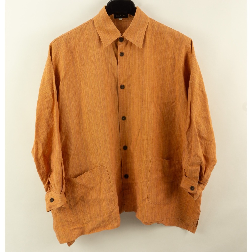 ESKANDAR Orange 100% Linen Chore Jacket Button Up Tunic Boxy Lagenlook Size 1